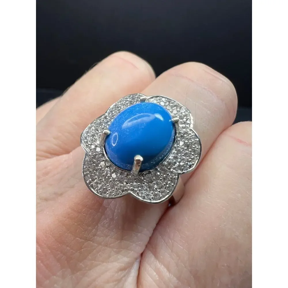 NEW Ceruleite and zircon blossom ring in rhodium over sterling silver size 8